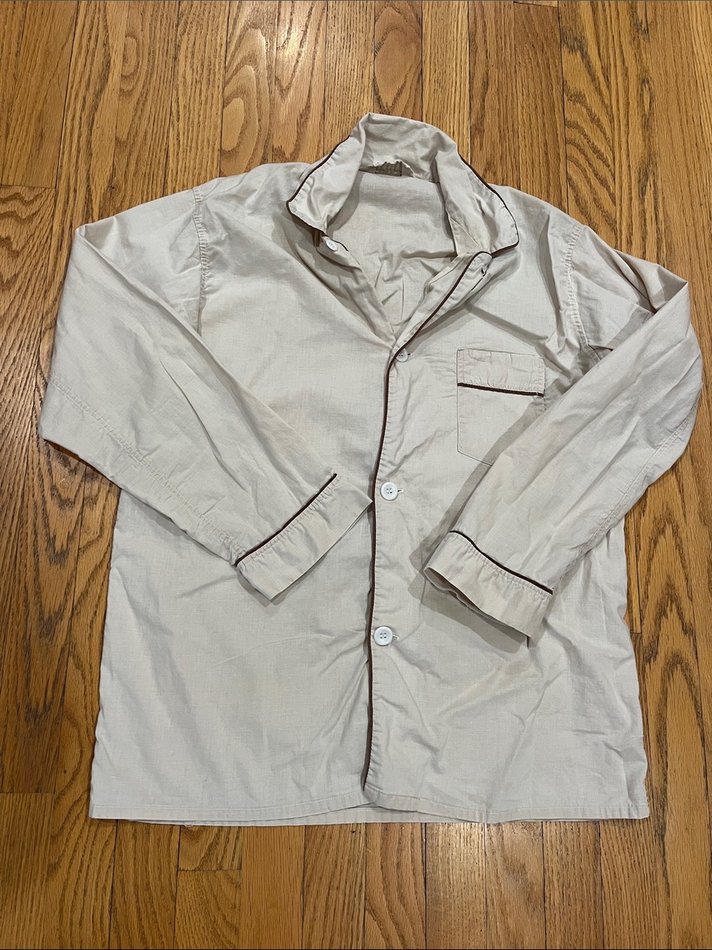 Vtg ALDENS Department Store Mens Button Sleep Shirt Tan W/Brown Trim M?